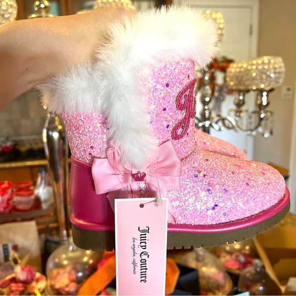 JUICY COUTURE Lil Yorba Linda Toddler Girls Ankle Boots Pink Bling Faux Fur NEW - Picture 6 of 15